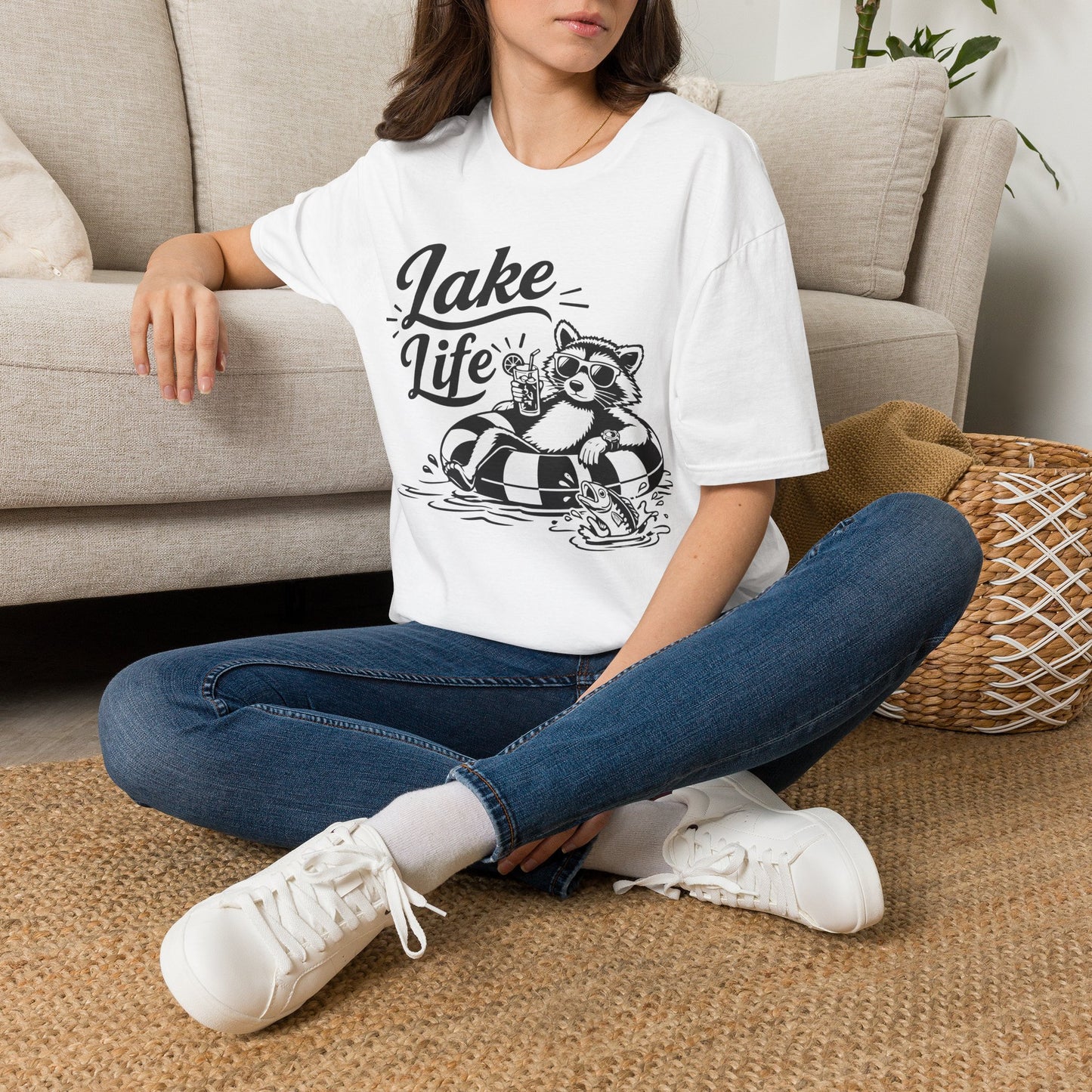Lake Life T-Shirt — Raccoon Floating with Drink Graphic