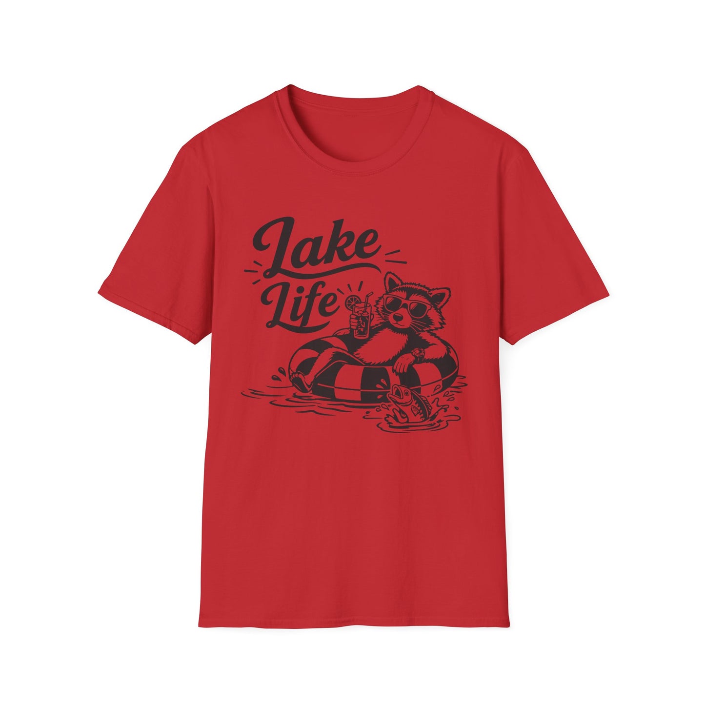 Lake Life T-Shirt — Raccoon Floating with Drink Graphic