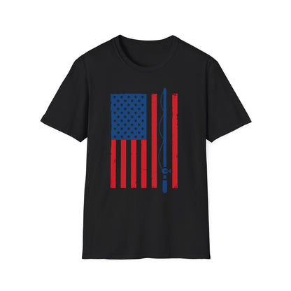 Fishing Flag T-Shirt — American Flag with Fishing Rod Graphic