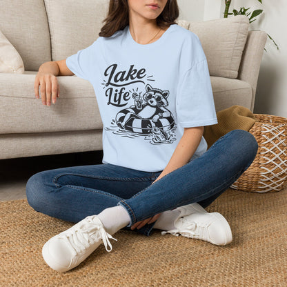 Lake Life T-Shirt — Raccoon Floating with Drink Graphic