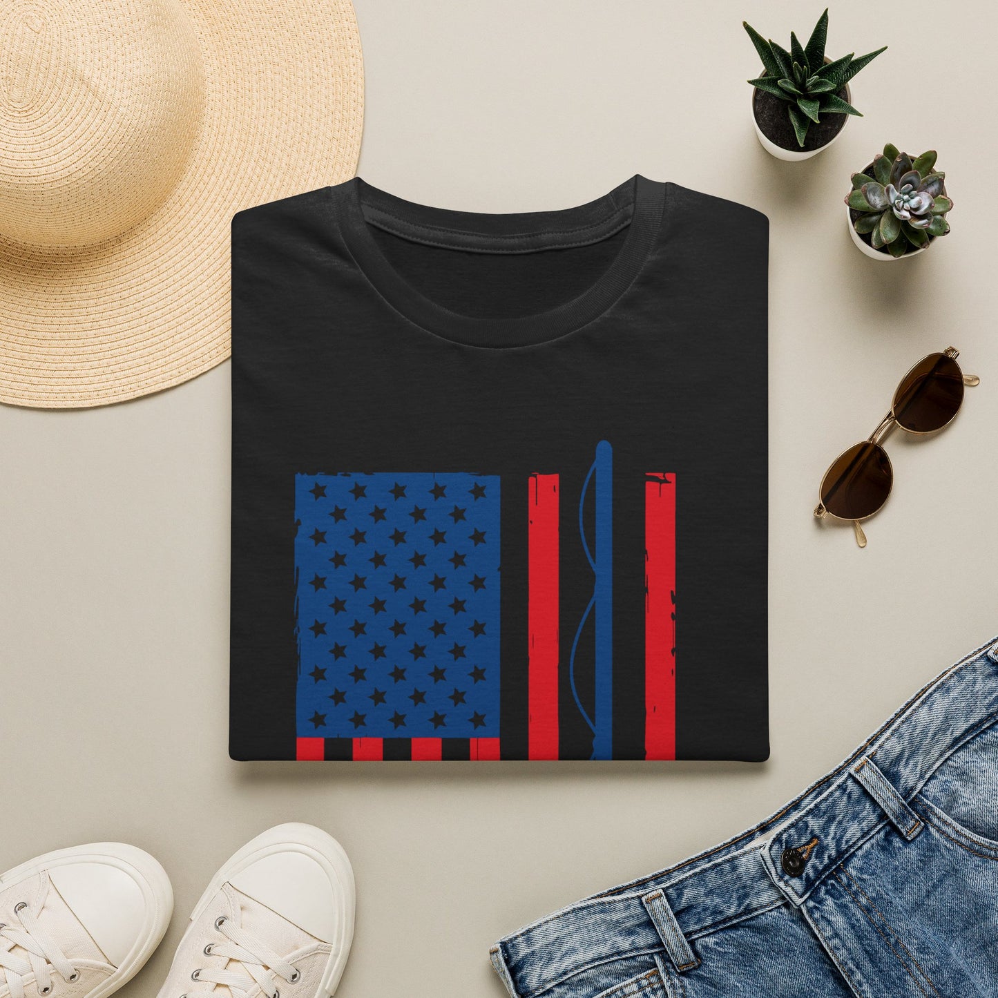 Fishing Flag T-Shirt — American Flag with Fishing Rod Graphic