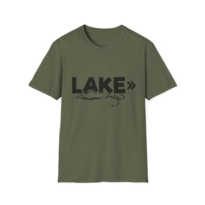 Lake Fishing T-Shirt — 'LAKE' with Bass Lure Graphic