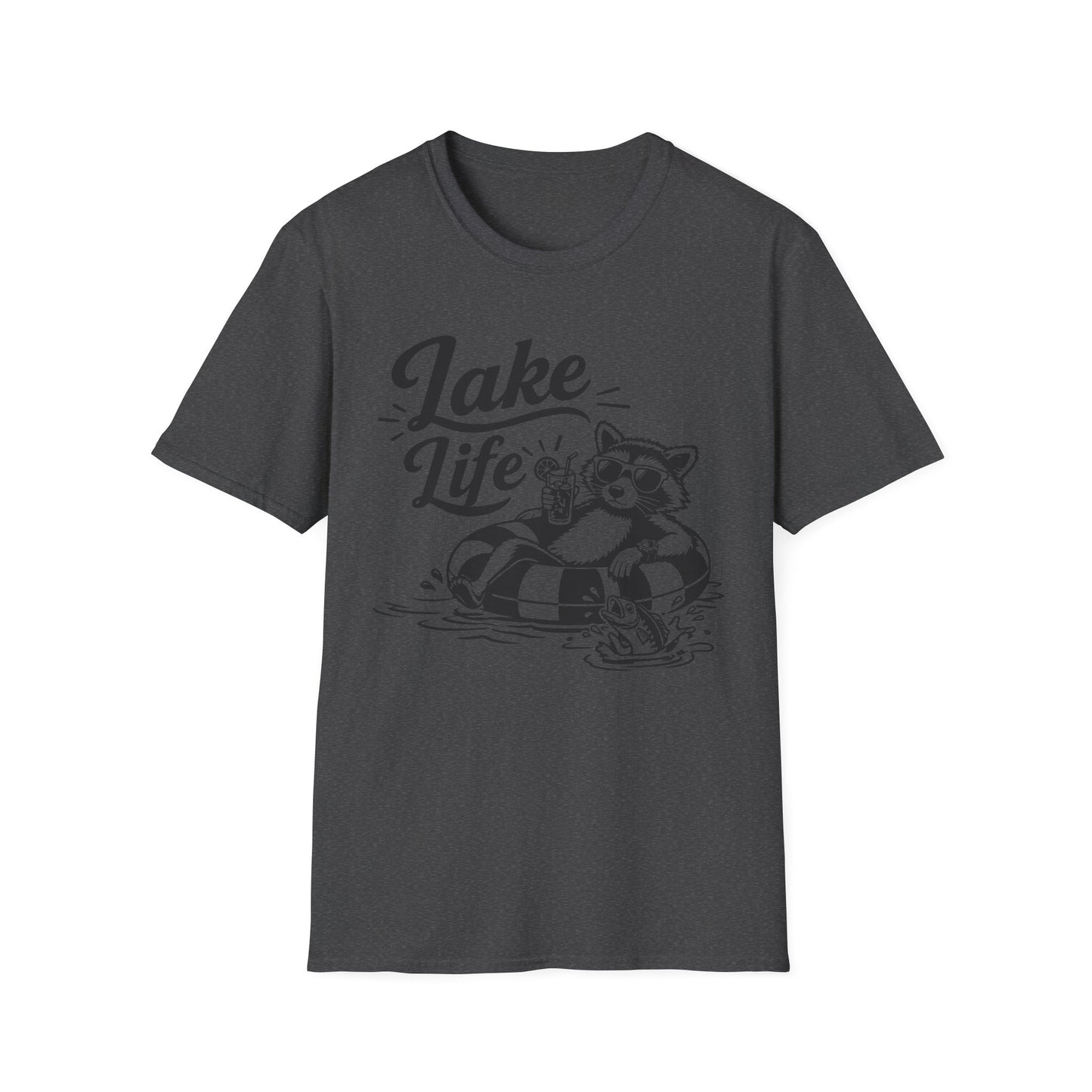Lake Life T-Shirt — Raccoon Floating with Drink Graphic