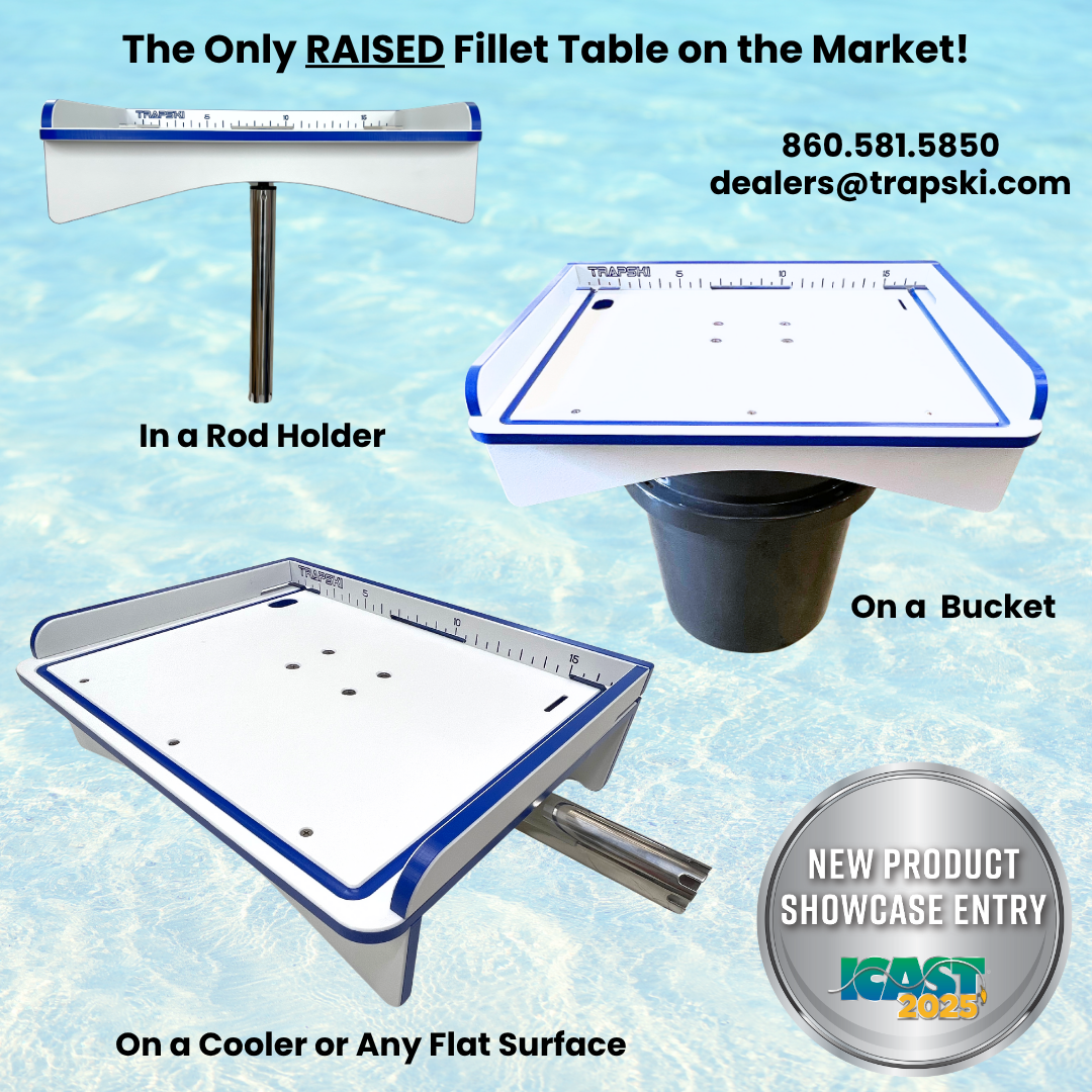 Premium Rod Mount 18" or 33" Raised Fillet Table – 3-in-1 Bait & Fish Station | Fits Rod Holders, Buckets & Flat Surfaces | Marine-Grade HDPE | Ruler, Juice Groove, Knife & Tool Slots TRAPSKI