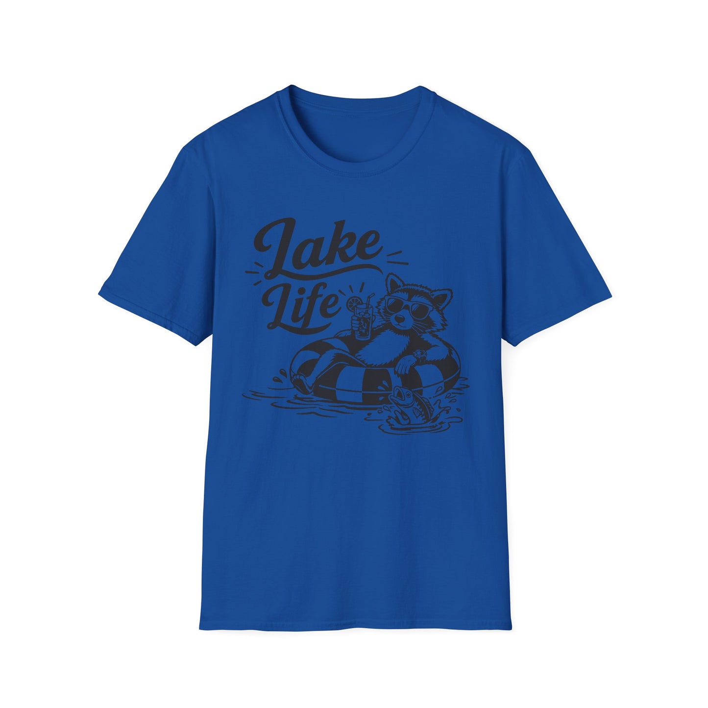Lake Life T-Shirt — Raccoon Floating with Drink Graphic
