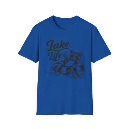 Lake Life T-Shirt — Raccoon Floating with Drink Graphic