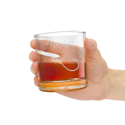 Engraved "Hooked" Whiskey Glass 10.5oz – Fisherman Gift, Personalized Bar Rocks Glass