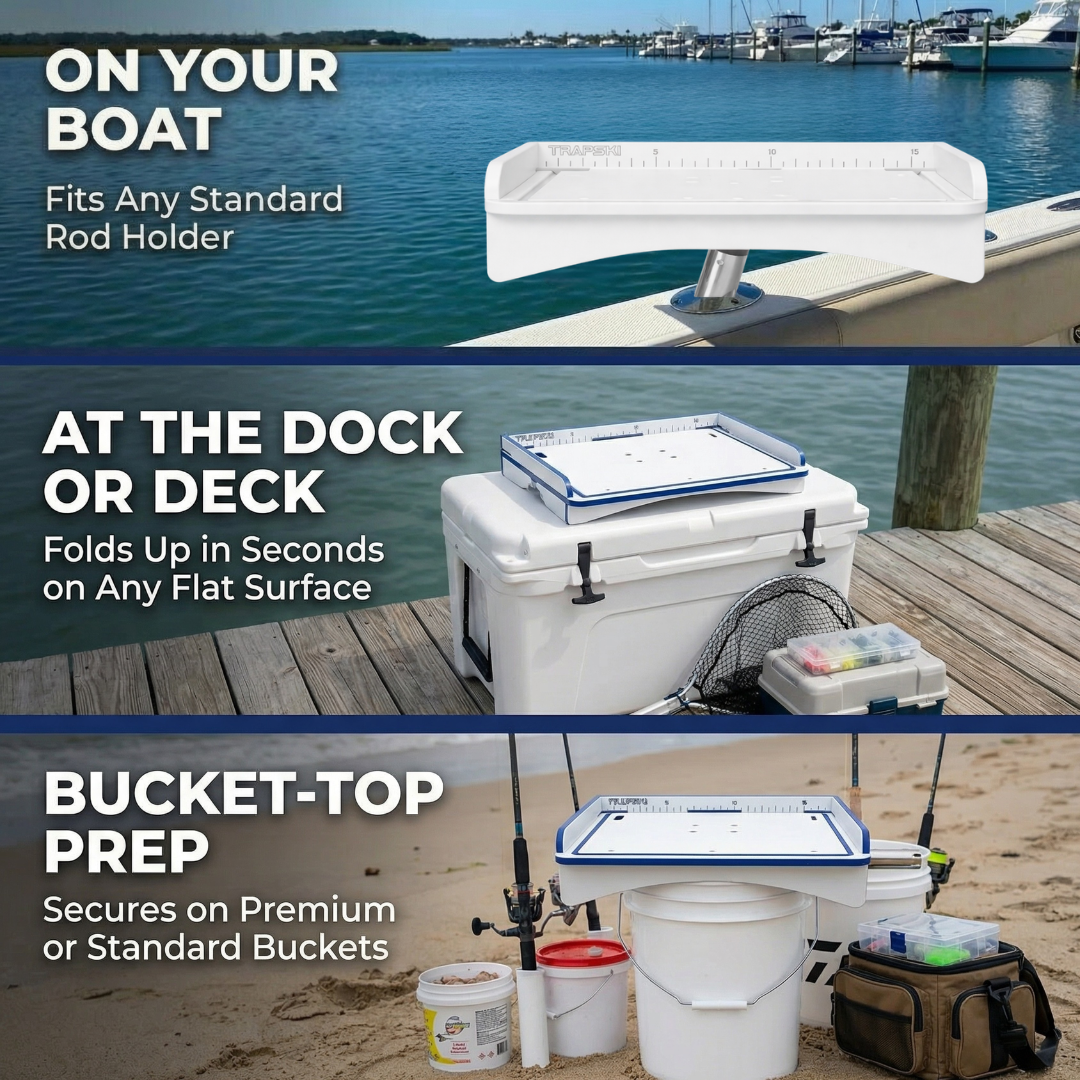 Premium Rod Mount 18" or 33" Raised Fillet Table – 3-in-1 Bait & Fish Station | Fits Rod Holders, Buckets & Flat Surfaces | Marine-Grade HDPE | Ruler, Juice Groove, Knife & Tool Slots TRAPSKI