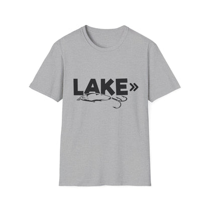 Lake Fishing T-Shirt — 'LAKE' with Bass Lure Graphic