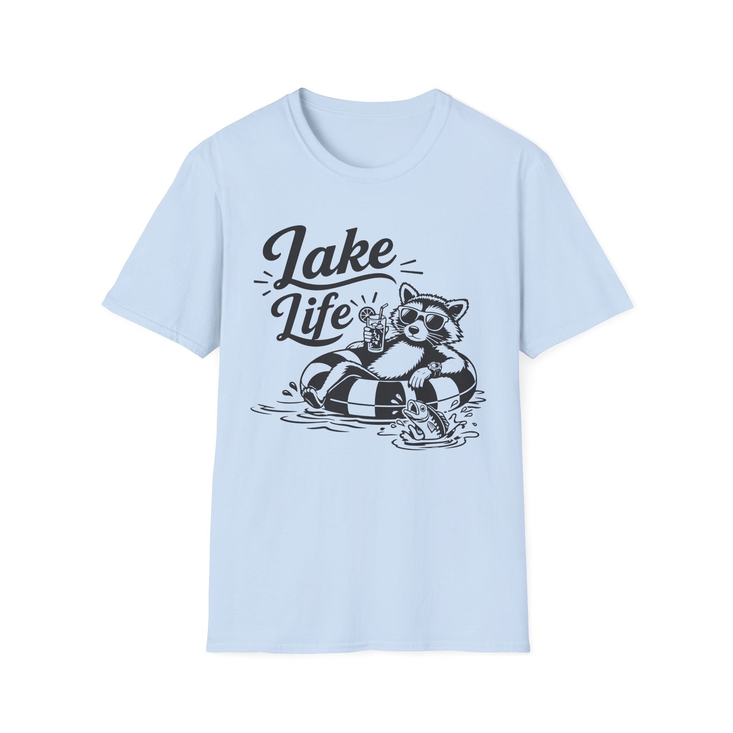 Lake Life T-Shirt — Raccoon Floating with Drink Graphic