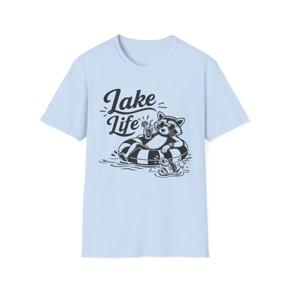 Lake Life T-Shirt — Raccoon Floating with Drink Graphic