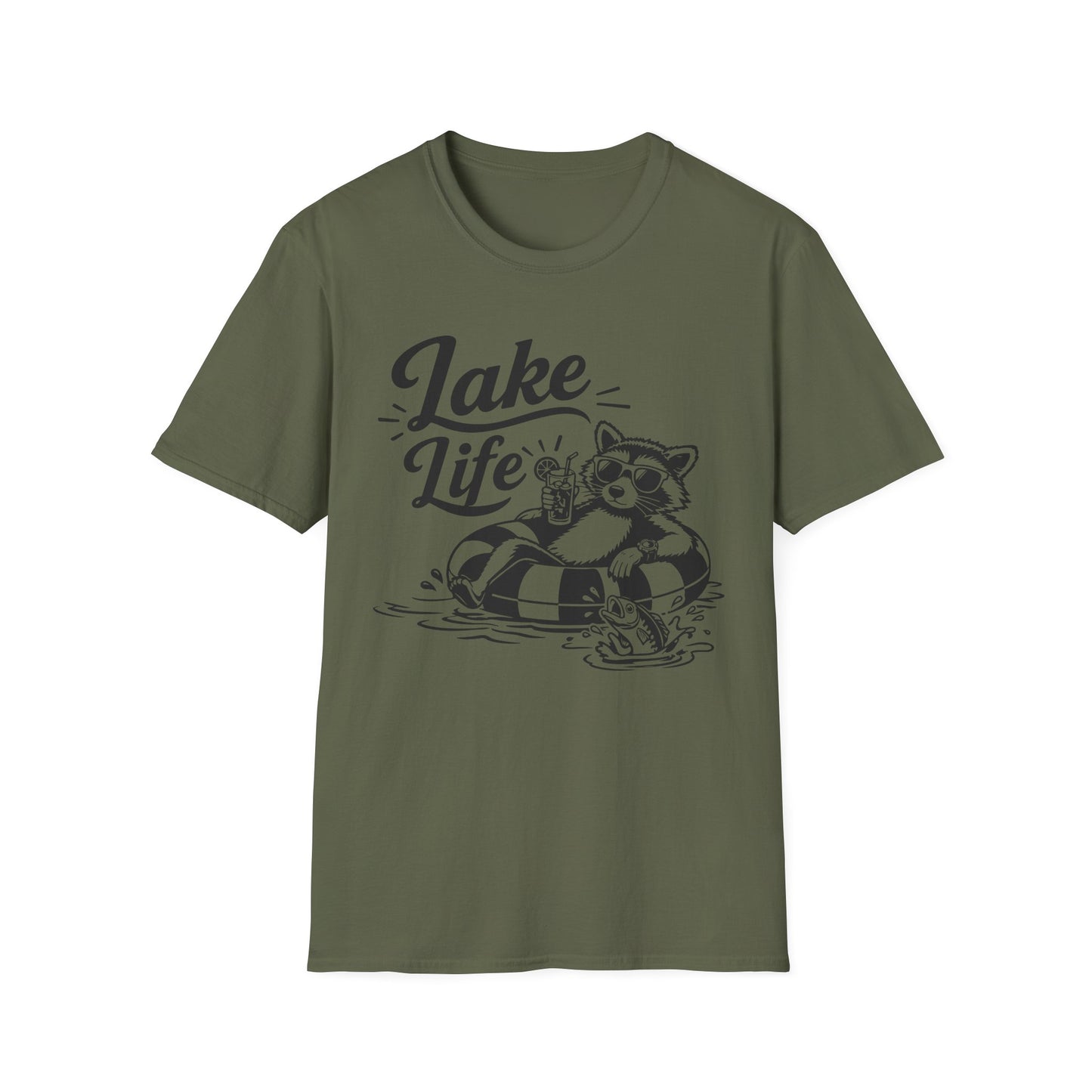 Lake Life T-Shirt — Raccoon Floating with Drink Graphic