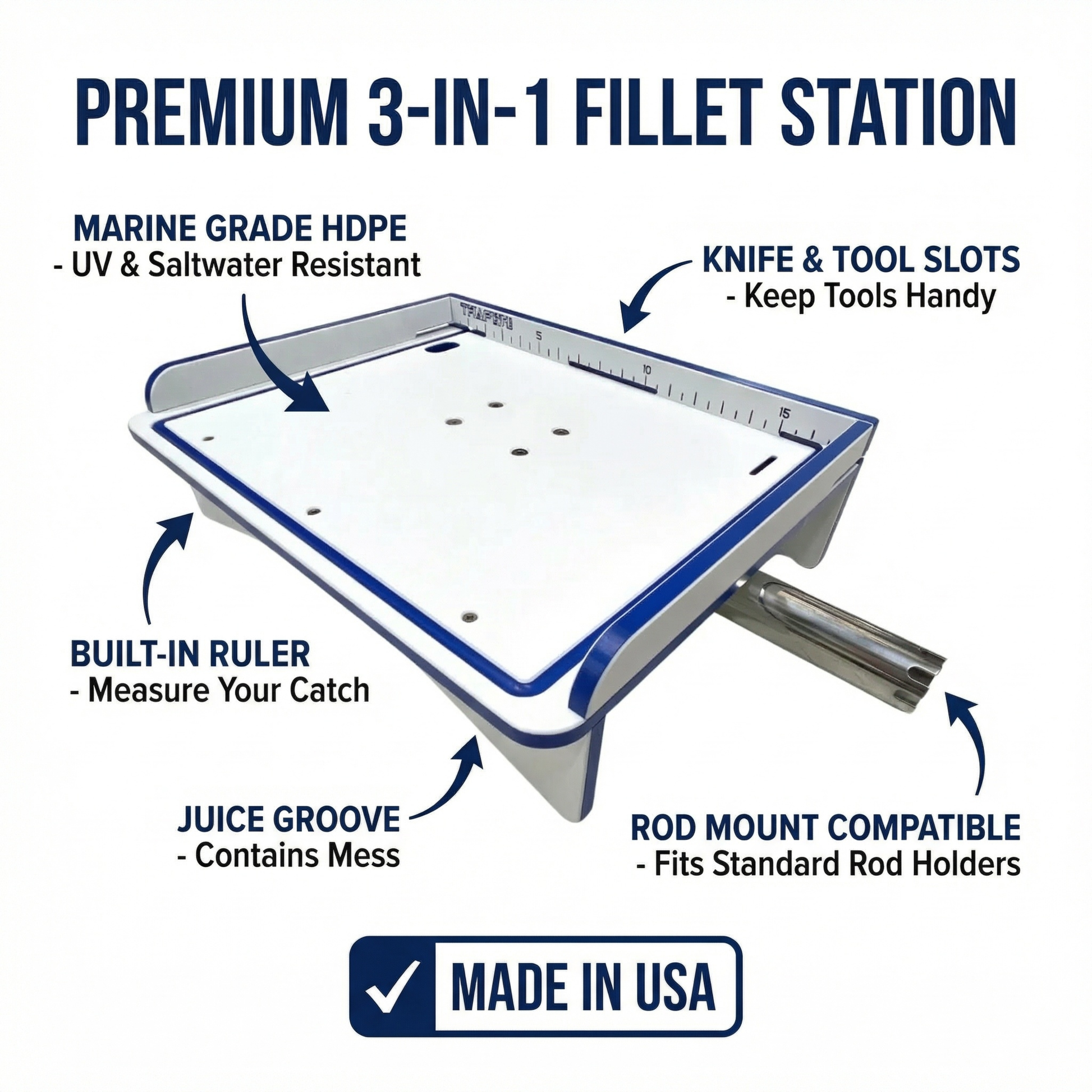 Premium Rod Mount 18" or 33" Raised Fillet Table – 3-in-1 Bait & Fish Station | Fits Rod Holders, Buckets & Flat Surfaces | Marine-Grade HDPE | Ruler, Juice Groove, Knife & Tool Slots TRAPSKI