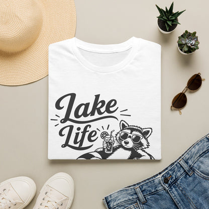 Lake Life T-Shirt — Raccoon Floating with Drink Graphic