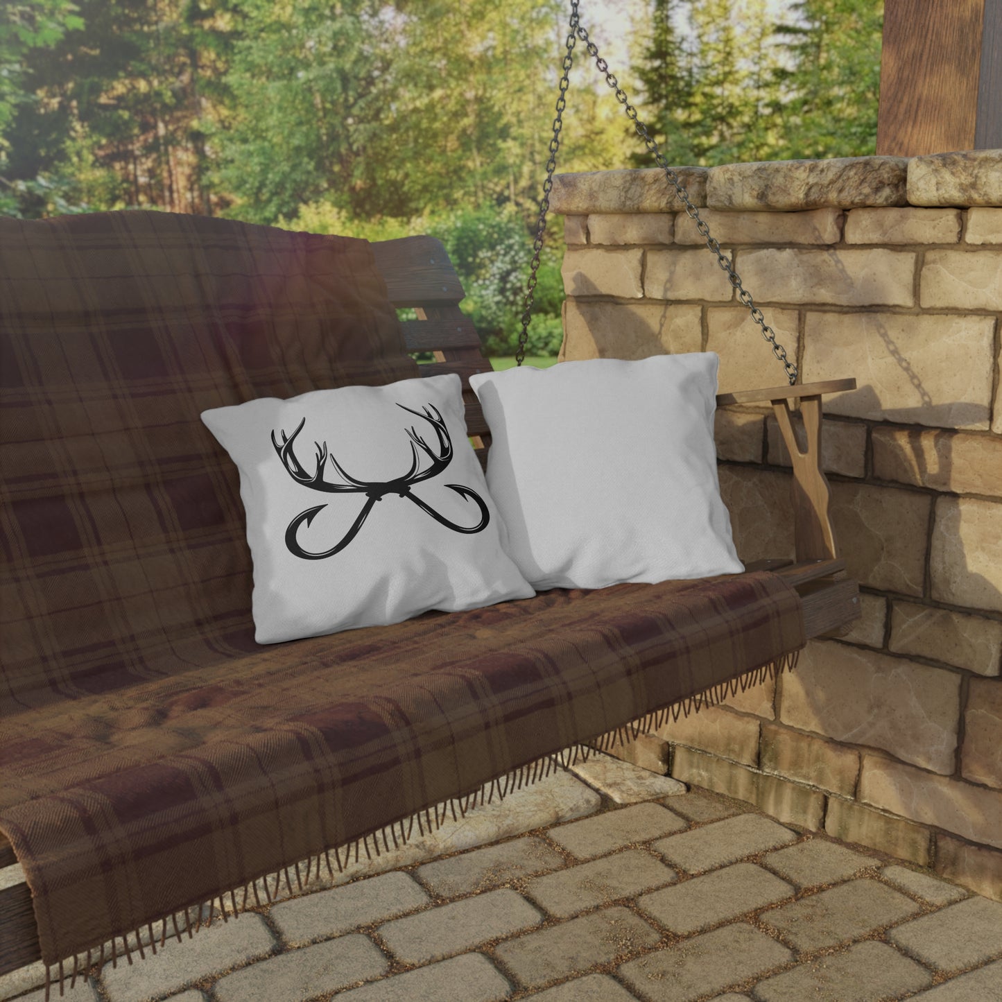 Rustic Deer Antler & Fishing Hook Logo Decorative Pillow