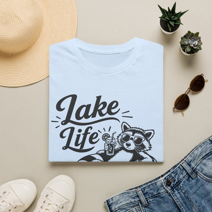 Lake Life T-Shirt — Raccoon Floating with Drink Graphic