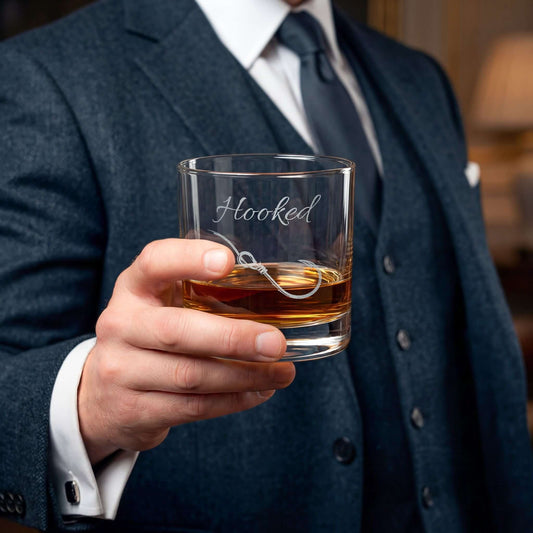Engraved "Hooked" Whiskey Glass 10.5oz – Fisherman Gift, Personalized Bar Rocks Glass
