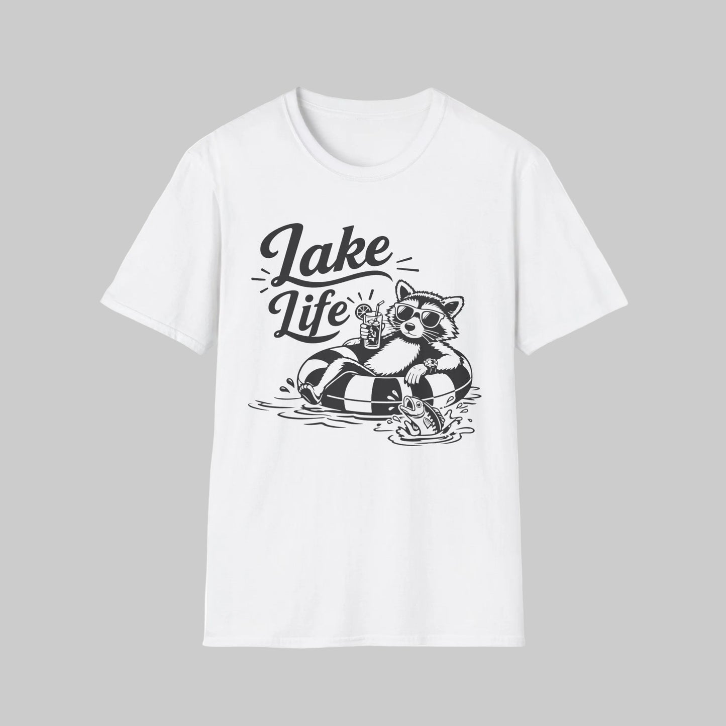 Lake Life T-Shirt — Raccoon Floating with Drink Graphic
