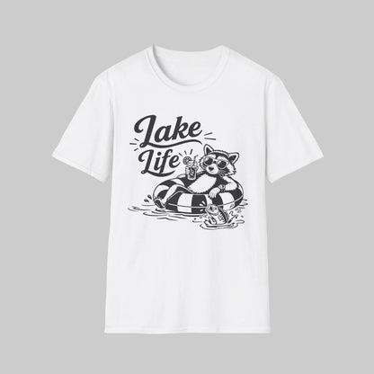 Lake Life T-Shirt — Raccoon Floating with Drink Graphic