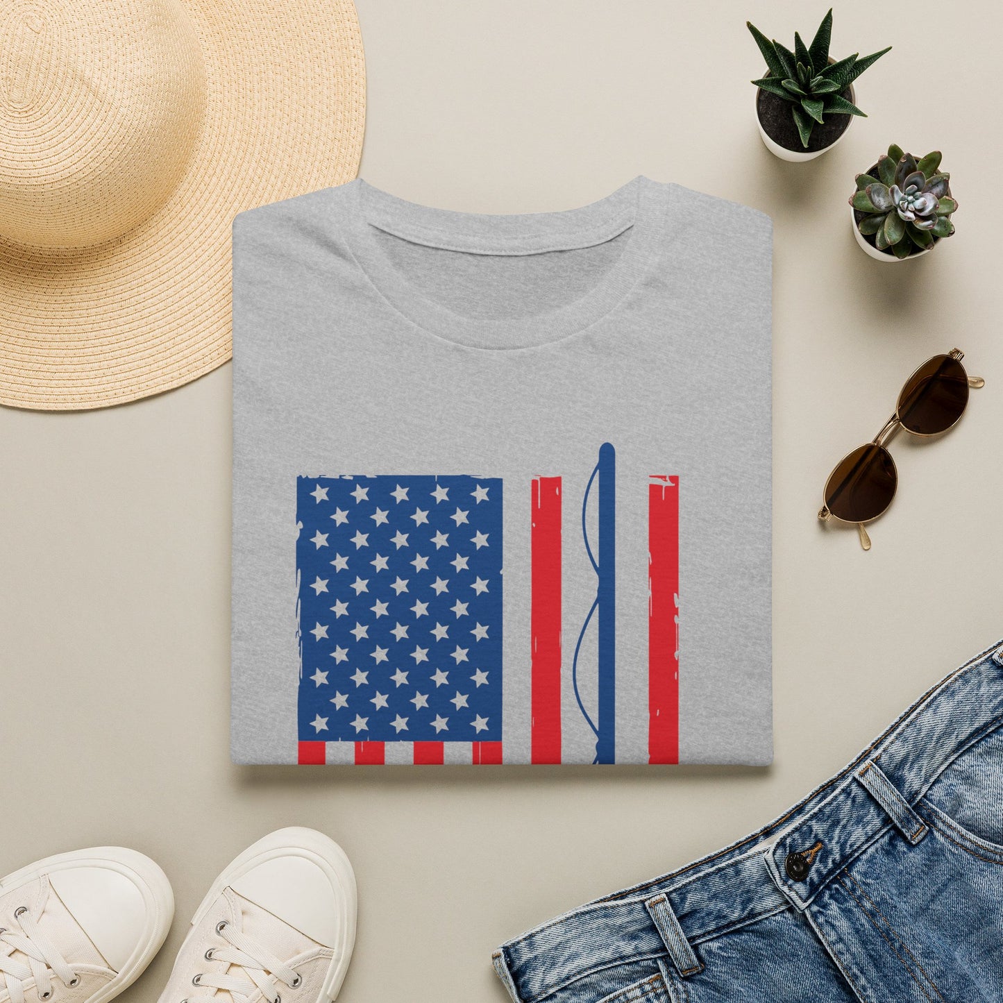 Fishing Flag T-Shirt — American Flag with Fishing Rod Graphic