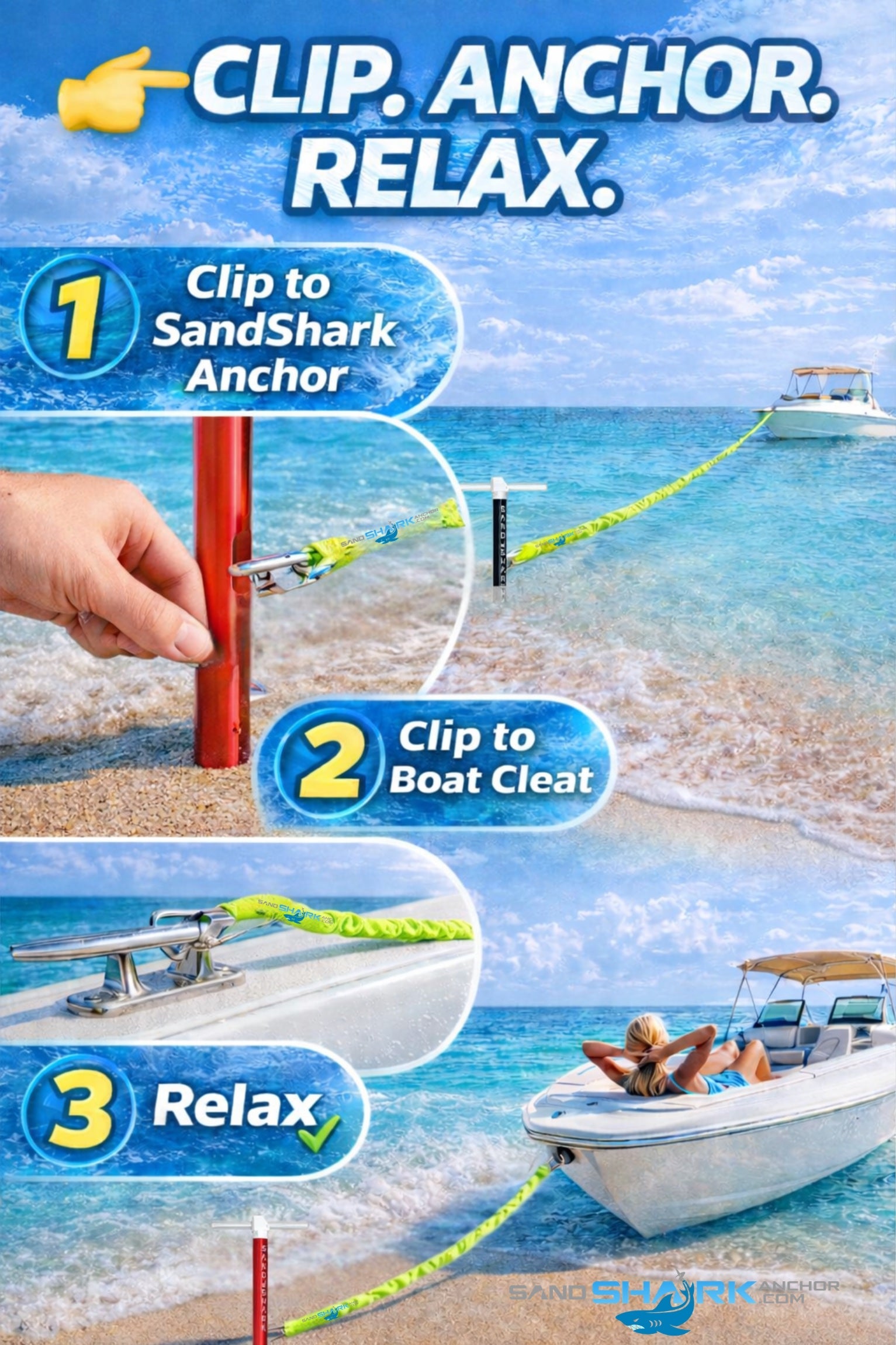 SandShark Premium Flat Bungee Line. Stretches 7-14'. Anchor and Dock Line for Boats, Jet Skis, and Pontoons. Sand Shark Anchor