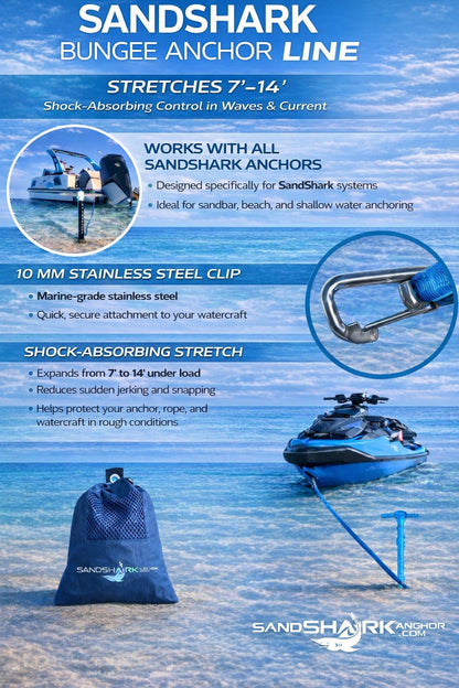 SandShark Premium Flat Bungee Line. Stretches 7-14'. Anchor and Dock Line for Boats, Jet Skis, and Pontoons. Sand Shark Anchor