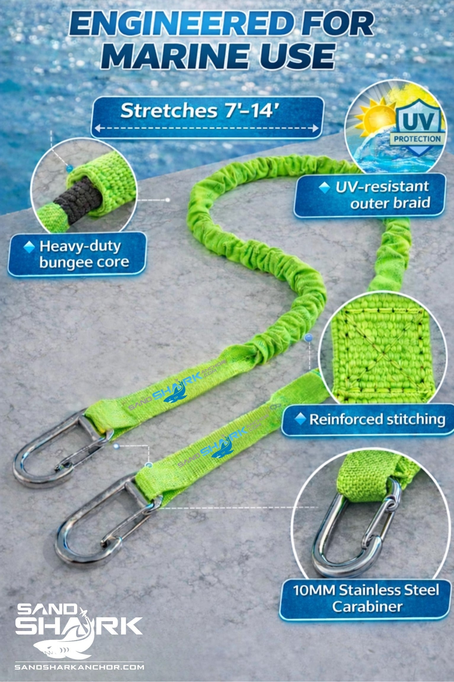 SandShark Premium Flat Bungee Line. Stretches 7-14'. Anchor and Dock Line for Boats, Jet Skis, and Pontoons. Sand Shark Anchor