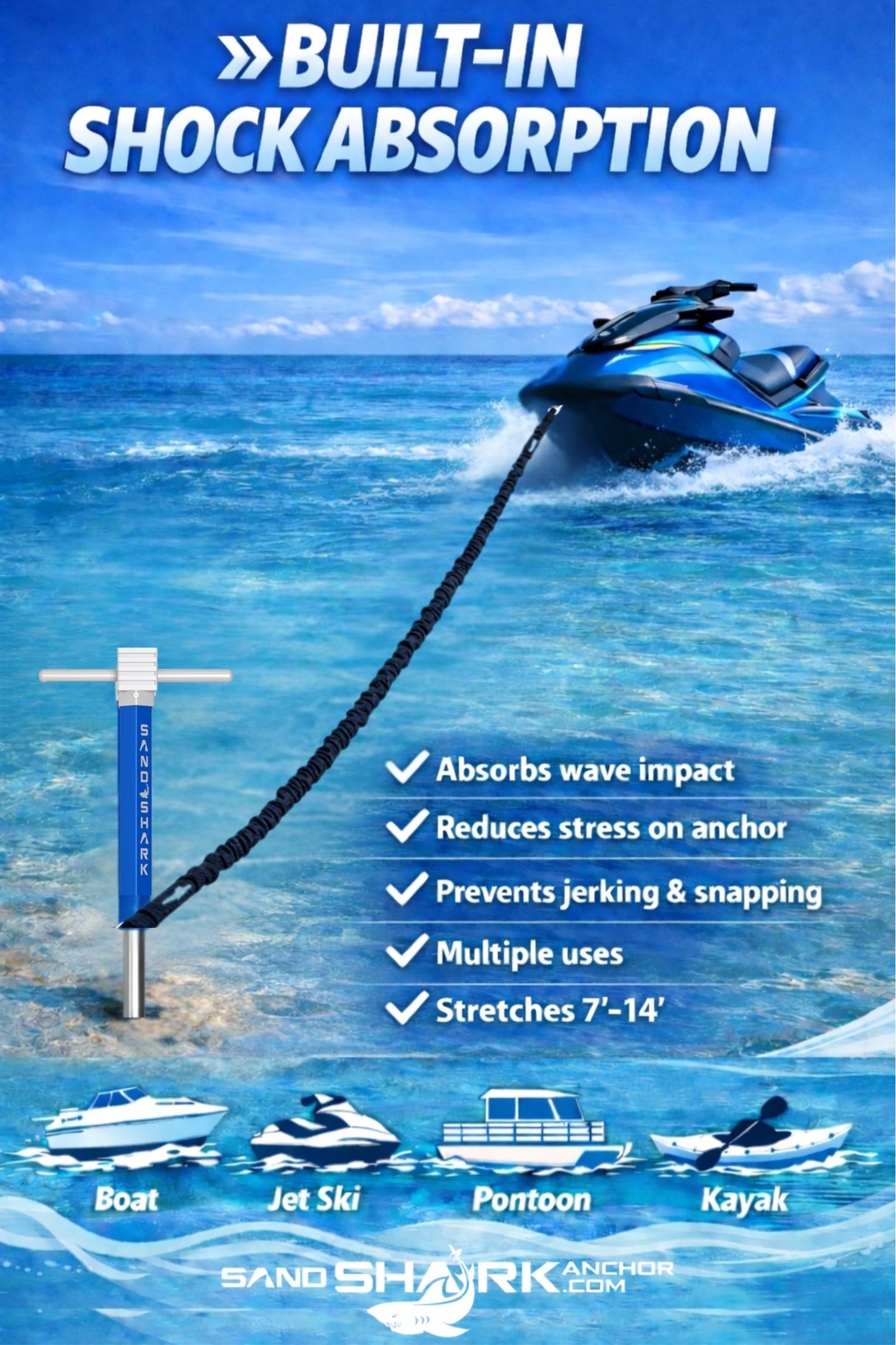 SandShark Premium Flat Bungee Line. Stretches 7-14'. Anchor and Dock Line for Boats, Jet Skis, and Pontoons. Sand Shark Anchor