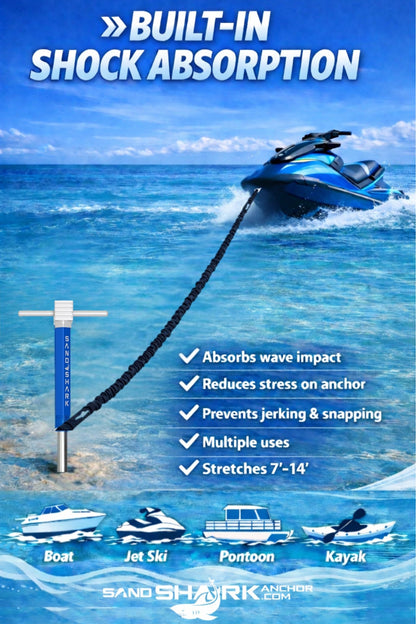 SandShark Premium Flat Bungee Line. Stretches 7-14'. Anchor and Dock Line for Boats, Jet Skis, and Pontoons. Sand Shark Anchor