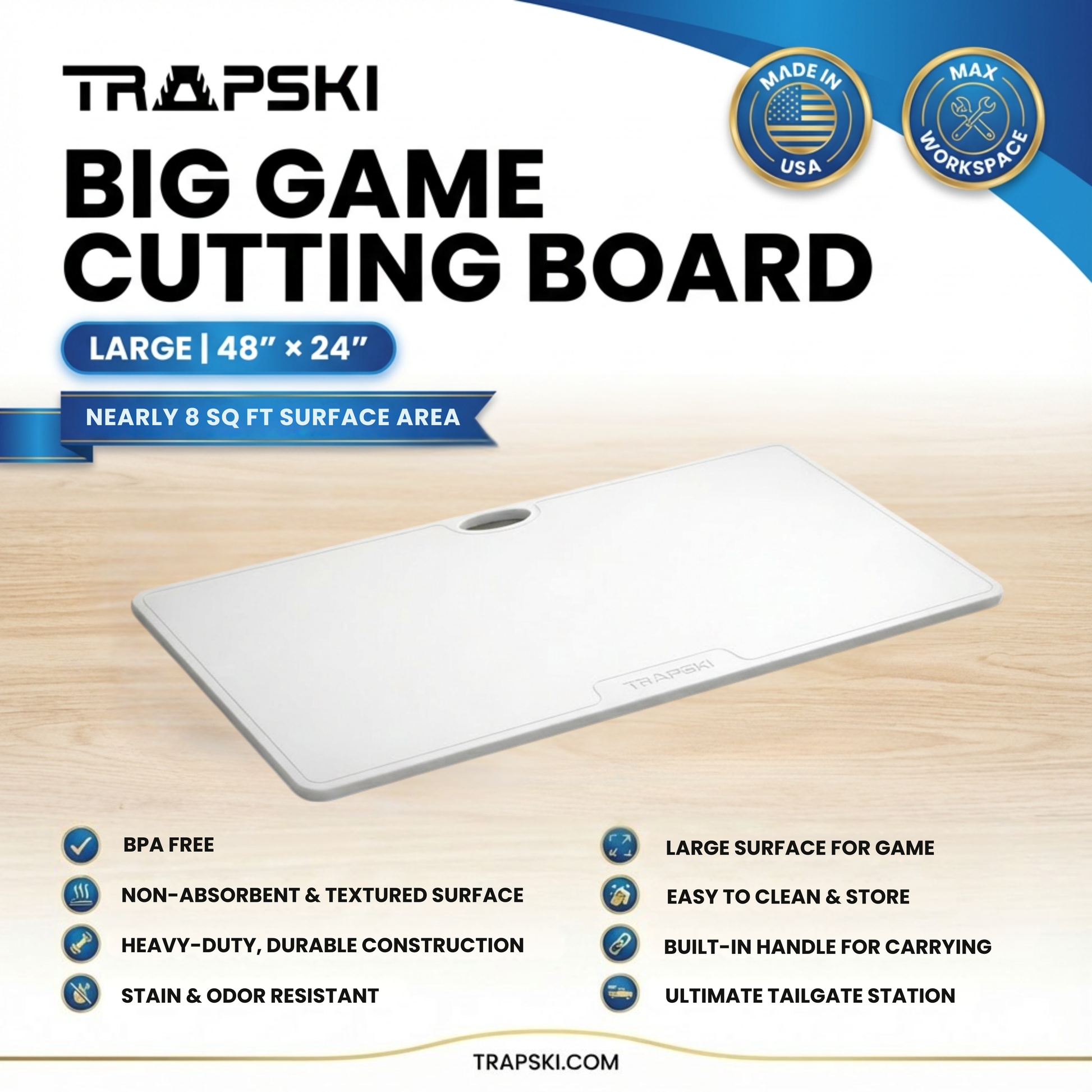 Big Game Cutting Chopping Board 3/8 Inch Thick | Food-Grade HDPE Optional Non-Skid Rubber Feet, Wide Juice Groove | 32 or 48 in x 18 in or 24 in for Tailgates, Coolers and Tables | Easy Grip Handle TRAPSKI