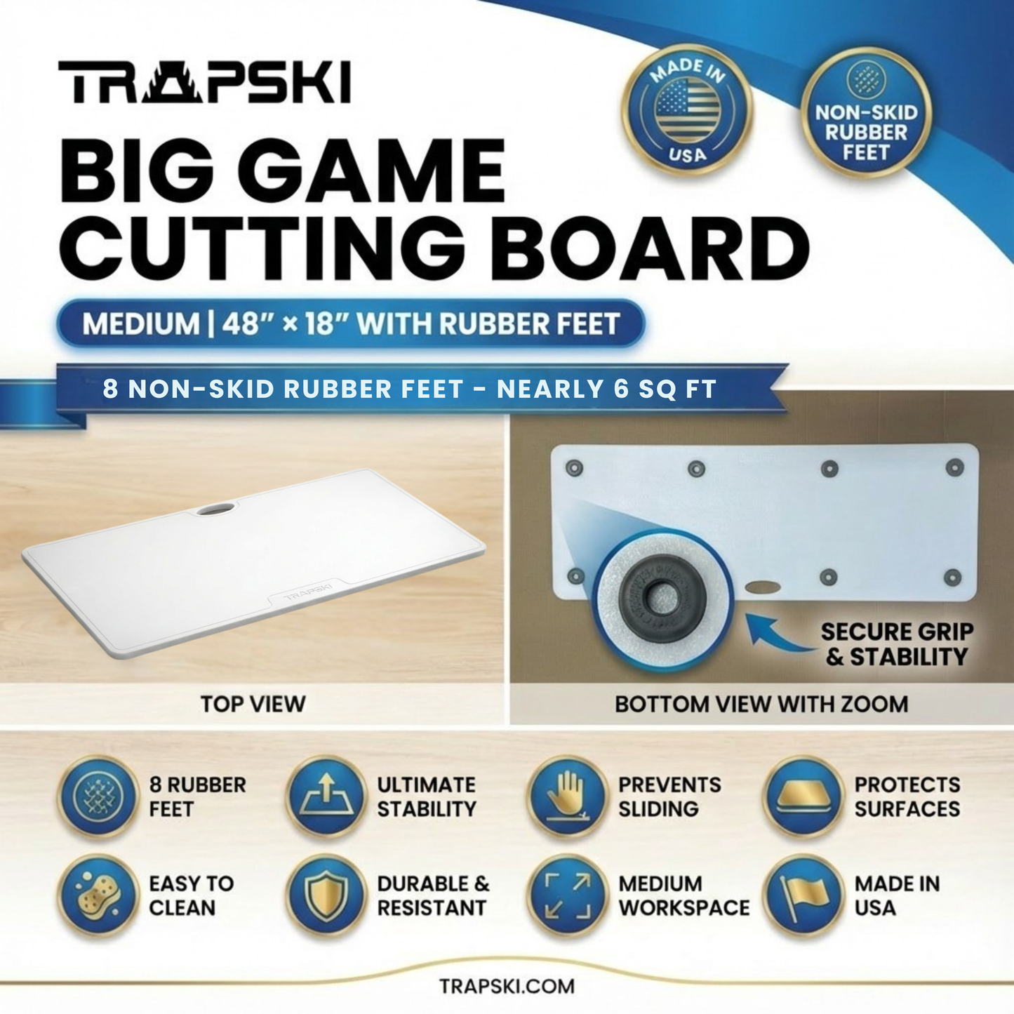 Big Game Cutting Chopping Board 3/8 Inch Thick | Food-Grade HDPE Optional Non-Skid Rubber Feet, Wide Juice Groove | 32 or 48 in x 18 in or 24 in for Tailgates, Coolers and Tables | Easy Grip Handle TRAPSKI