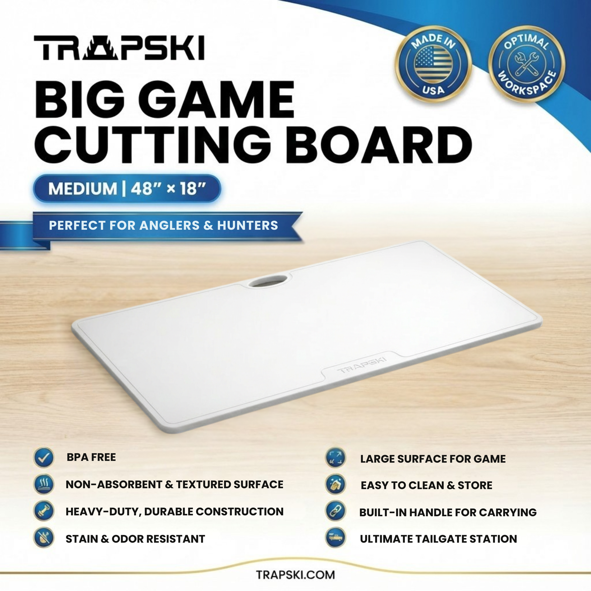 Big Game Cutting Chopping Board 3/8 Inch Thick | Food-Grade HDPE Optional Non-Skid Rubber Feet, Wide Juice Groove | 32 or 48 in x 18 in or 24 in for Tailgates, Coolers and Tables | Easy Grip Handle TRAPSKI
