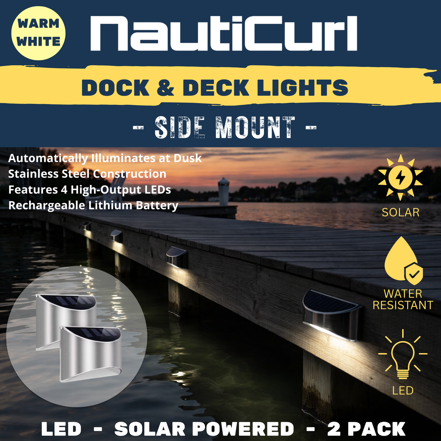 LED Dock & Deck Side Mount Lights - Solar Powered Light (2-Pack) NautiCurl LLC