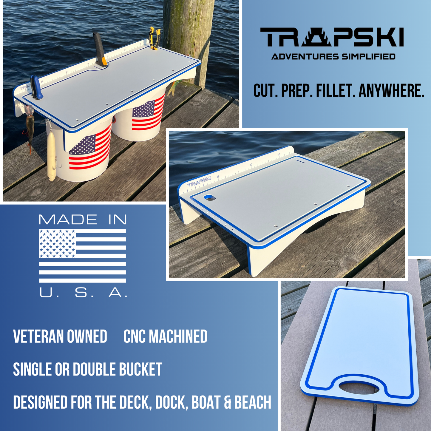 Made in the USA | Premium Bucket or Cooler Fishing Cutting Board TRAPSKI
