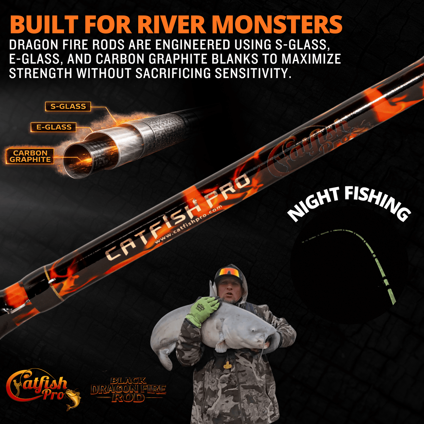 Black Dragon Fire Spinning Glow Rod Catfish Pro