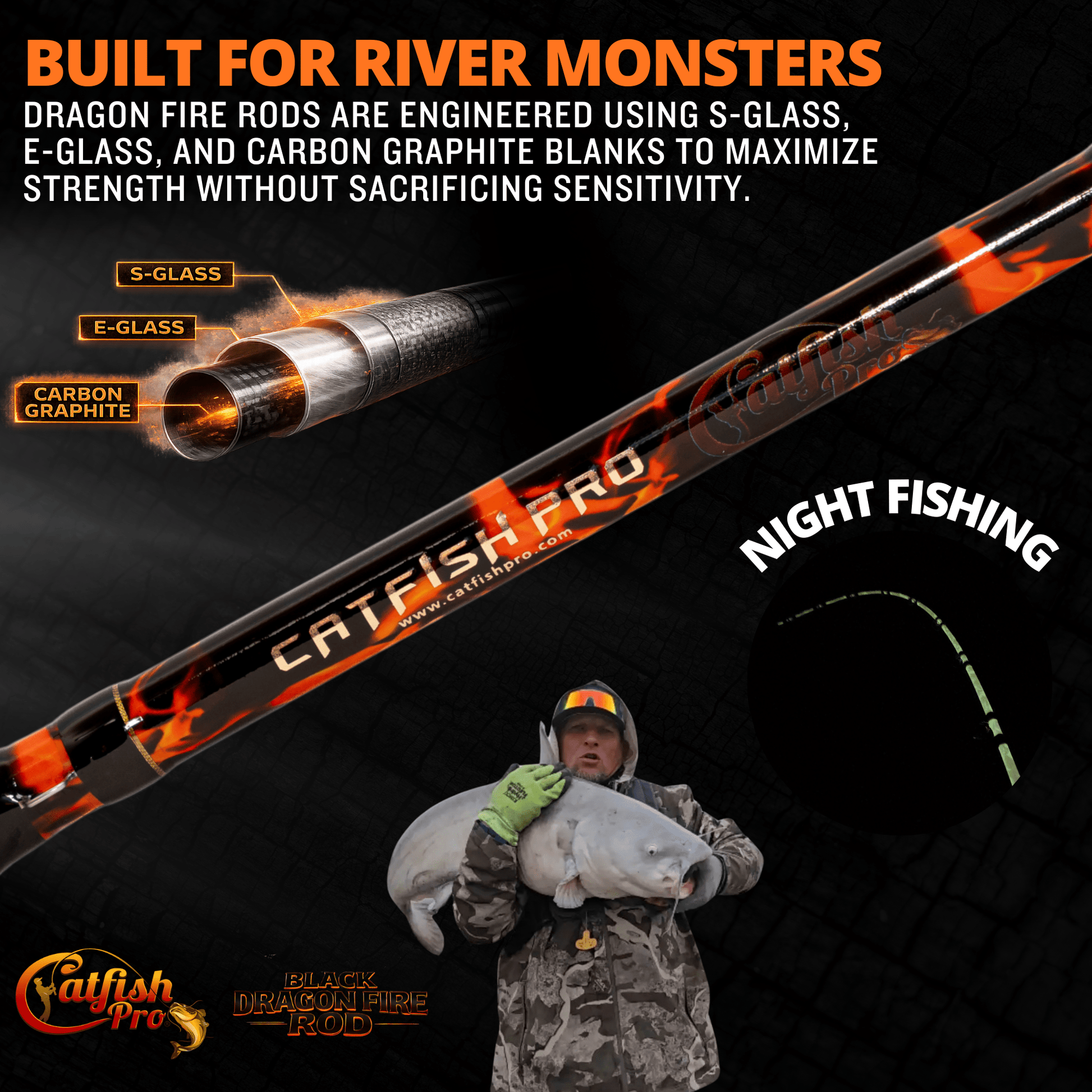 Black Dragon Fire Spinning Glow Rod Catfish Pro