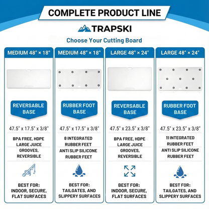 Big Game Cutting Chopping Board 3/8 Inch Thick | Food-Grade HDPE Optional Non-Skid Rubber Feet, Wide Juice Groove | 32 or 48 in x 18 in or 24 in for Tailgates, Coolers and Tables | Easy Grip Handle TRAPSKI