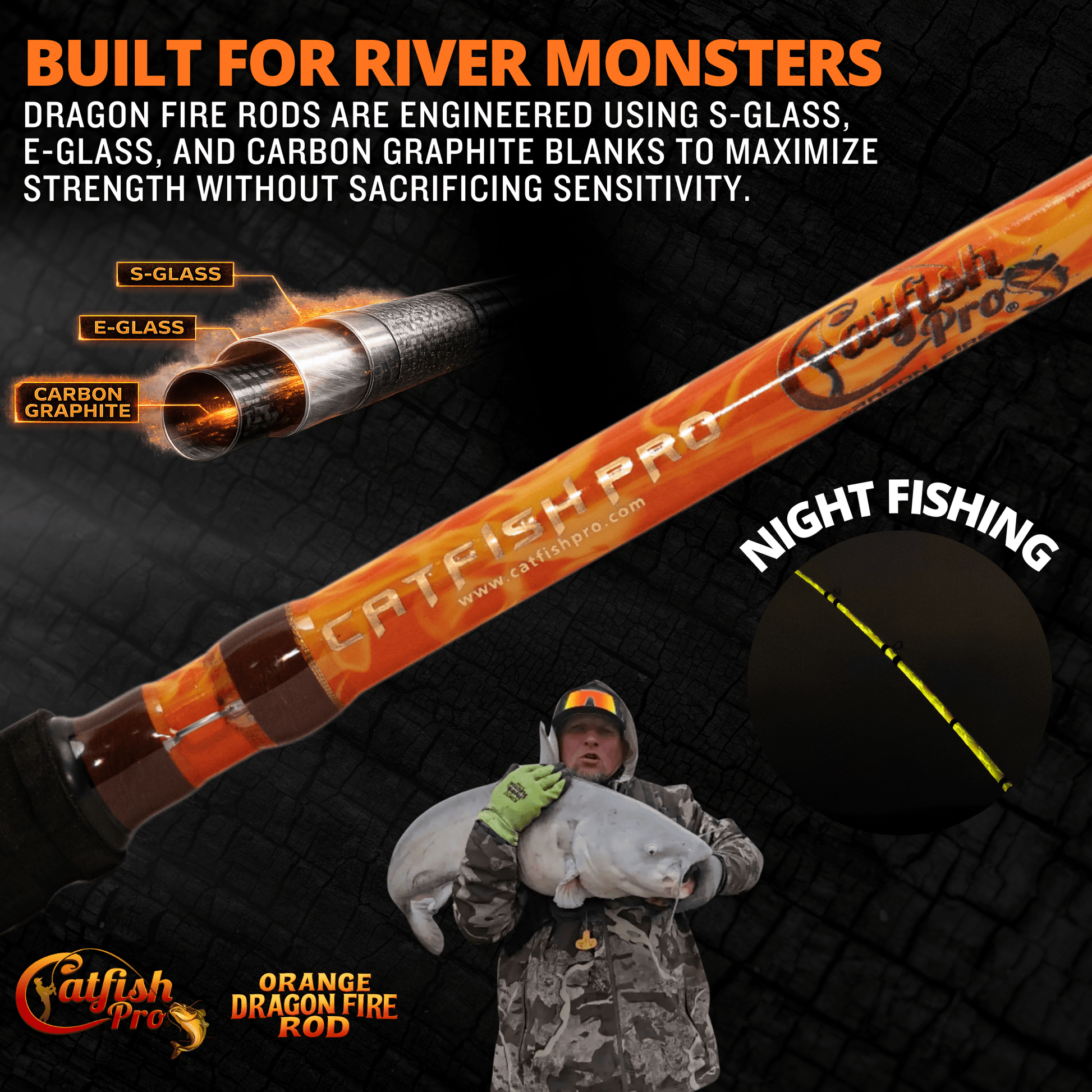 Orange Dragon Fire Spinning Glow Rod Catfish Pro