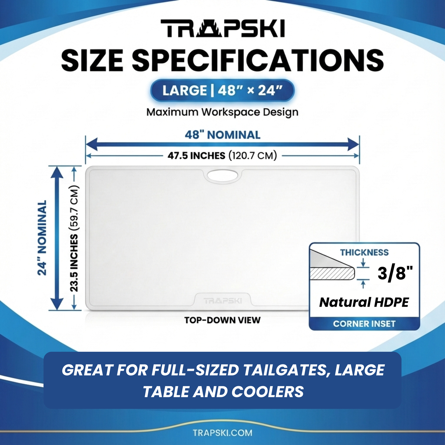 Big Game Cutting Chopping Board 3/8 Inch Thick | Food-Grade HDPE Optional Non-Skid Rubber Feet, Wide Juice Groove | 32 or 48 in x 18 in or 24 in for Tailgates, Coolers and Tables | Easy Grip Handle TRAPSKI