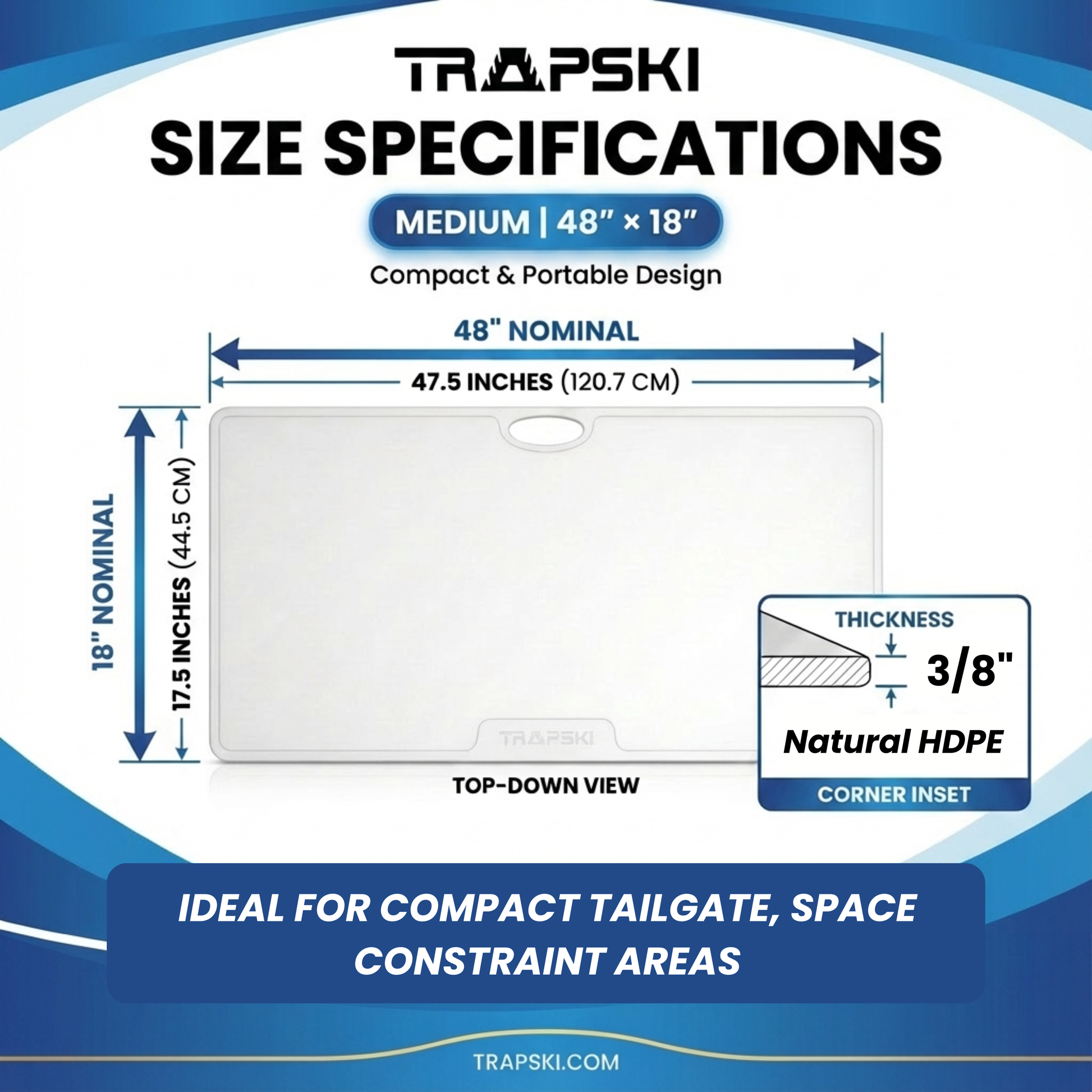 Big Game Cutting Chopping Board 3/8 Inch Thick | Food-Grade HDPE Optional Non-Skid Rubber Feet, Wide Juice Groove | 32 or 48 in x 18 in or 24 in for Tailgates, Coolers and Tables | Easy Grip Handle TRAPSKI
